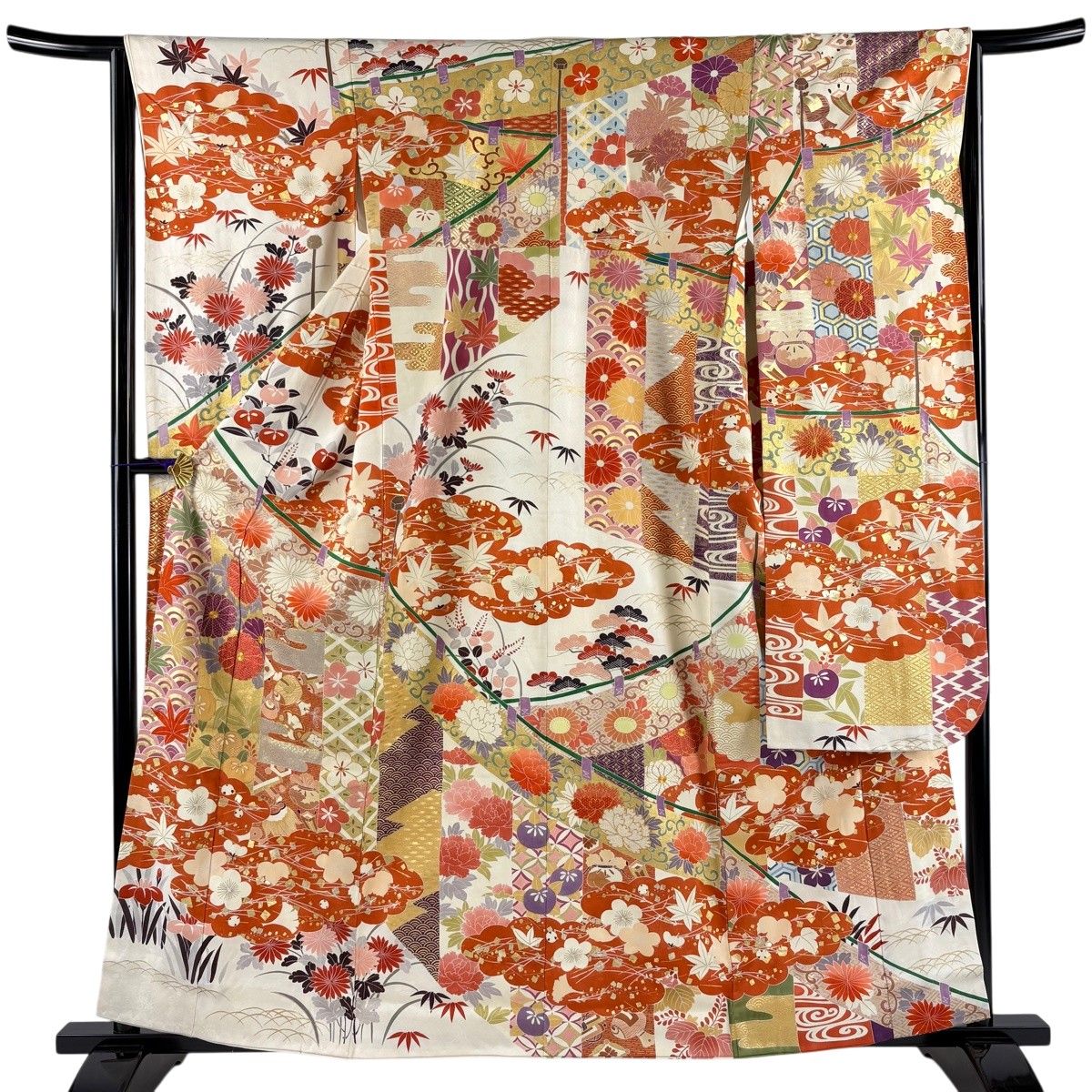 振袖 身丈160cm 裄丈63cm S 袷 宝尽くし 松竹梅 刺繍 金糸 クリーム 正絹 名品 【中古】