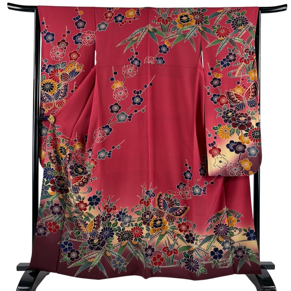 振袖 身丈163cm 裄丈63.5cm S 袷 草花 蝶 ぼかし えんじ色 正絹 名品 【中古】