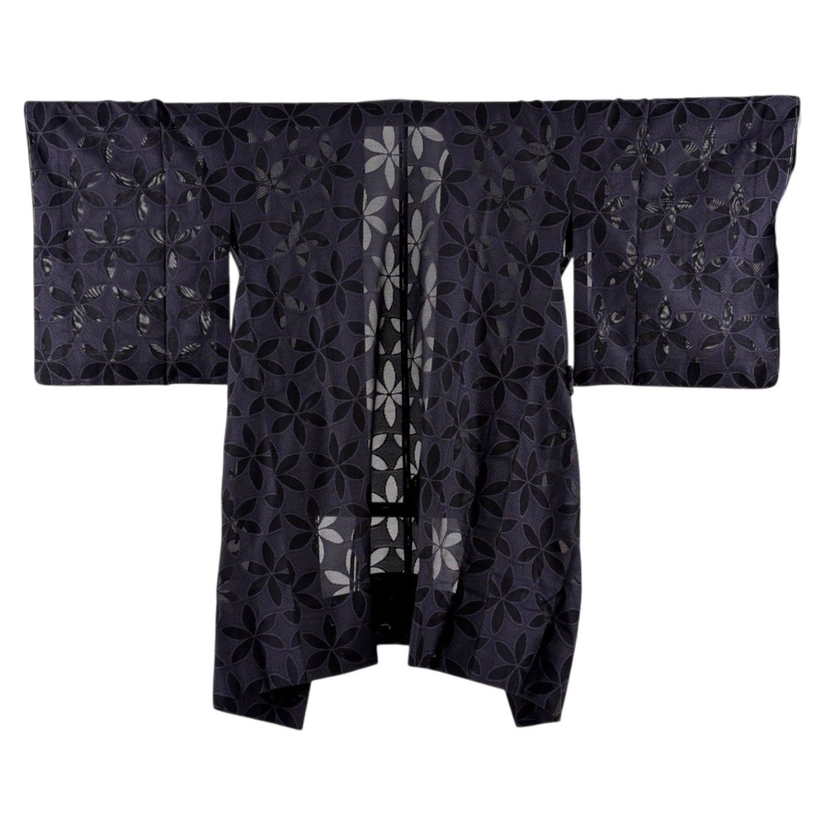 【美品】 道中着 身丈94.5cm 裄丈63cm S 和装コート 着物衿 花 濃紫 正絹 逸品 【中古】
