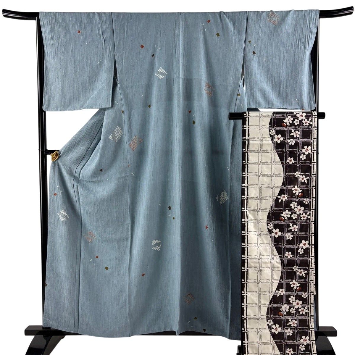 小紋 身丈159.5cm 裄丈66.5cm M 袷 幾何学 地紋 絞り 金彩 青灰色 正絹 秀品 【中古】