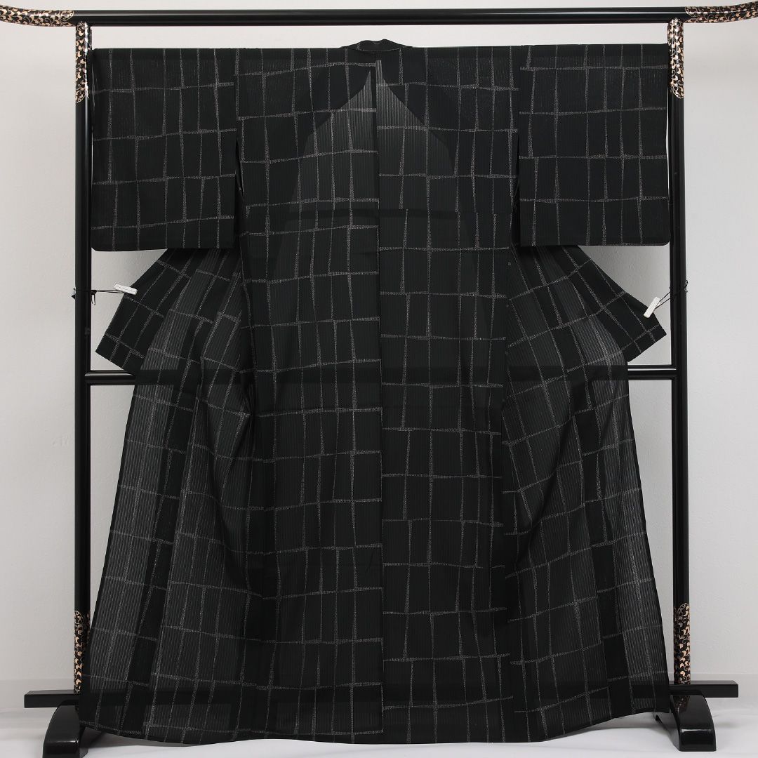 夏物 洗える着物 小紋 身丈165cm 裄丈68cm ポリエステル Aランク インフォーマル 広衿 Mサイズ 格子 黒系 RP 1221-17307