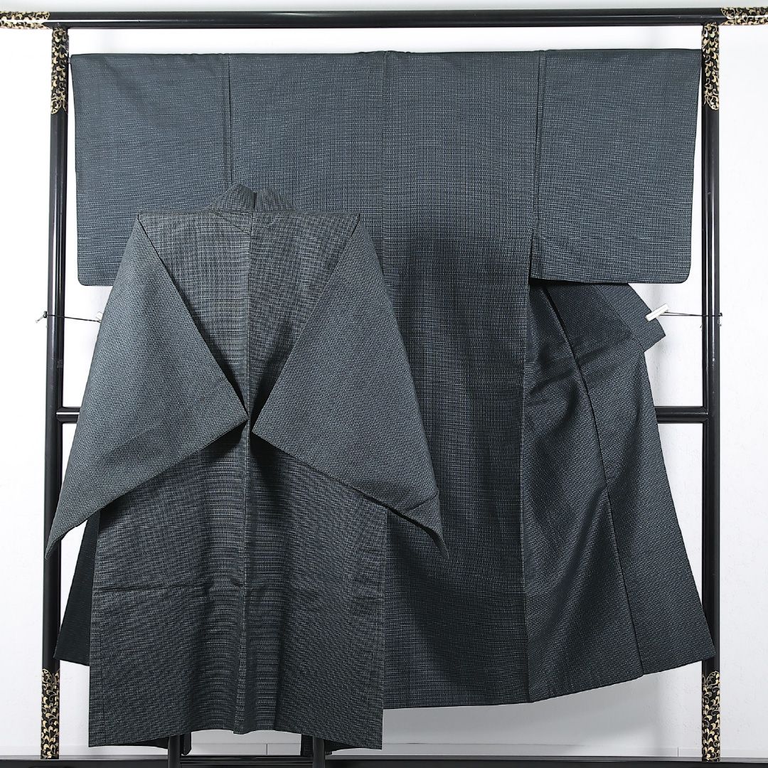 アンサンブル 男着物 (紬) 袷 身丈142cm 裄丈68cm 正絹 Cランク インフォーマル 棒衿 Mサイズ 抽象柄 緑系 RP 1224-17368