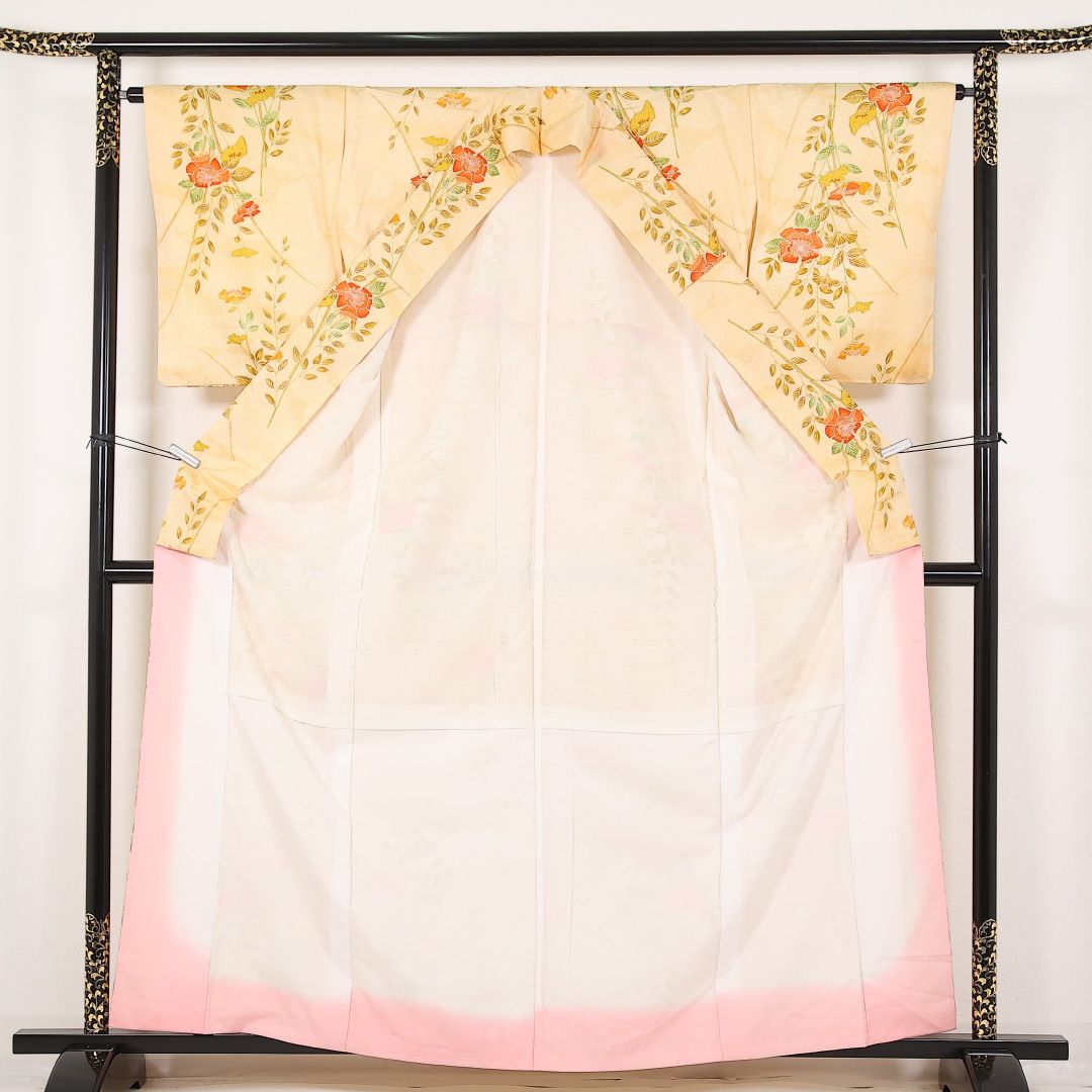 洗える着物 小紋 袷 身丈160cm 裄丈64cm ポリエステル Sランク インフォーマル 広衿 Lサイズ 花柄 クリーム系 RP 1221-17423