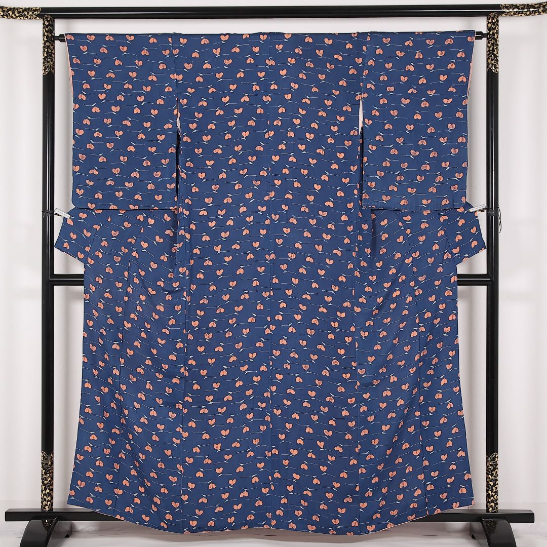 アンティーク 小紋 袷 身丈158cm 裄丈63cm 正絹 Aランク 広衿 Mサイズ 花柄 紺系 RP 1221-17534