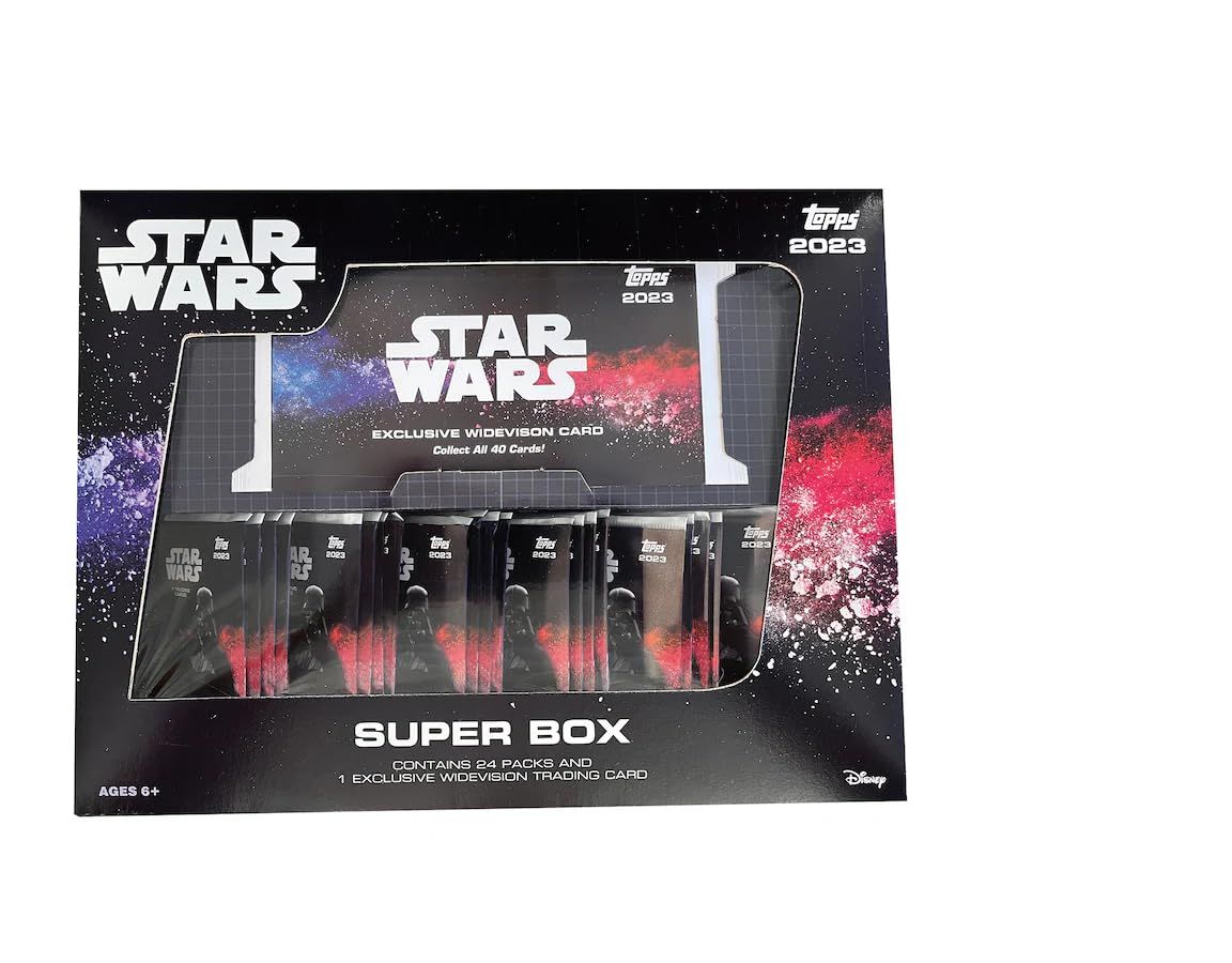 2023 Topps スターウォーズ フラッグシップ スーパーホビーボックス 24パック + ワイドビジョントレーディングカード1枚。