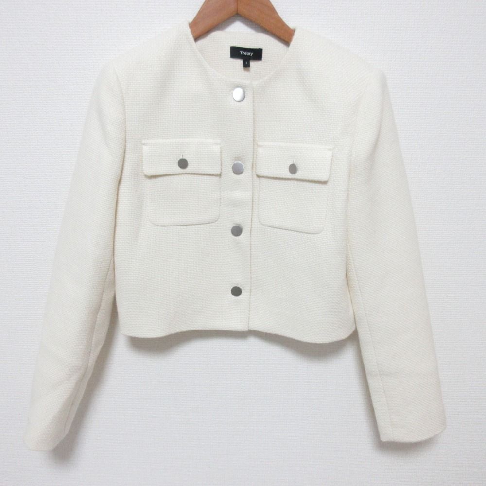 美品 24AW Theory セオリー PLUSH TWEED PKT CARDEN JKT ノーカラーツイードジャケット 01-4304108-150 サイズ2 ホワイト レディース 古着 中古 USED