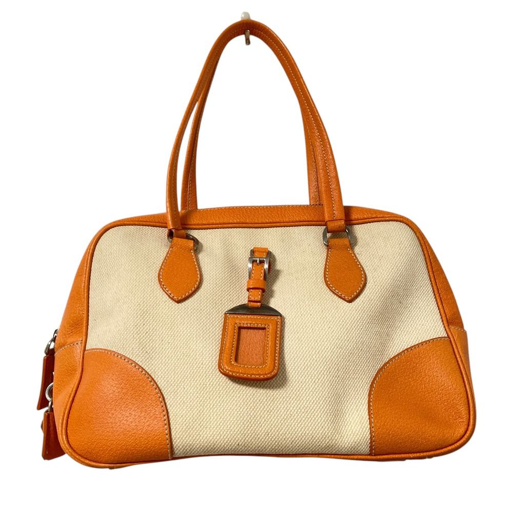 良品 PRADA プラダ キャンバス×レザー ミニボストンバッグ ボーリングバッグ ベージュ オレンジ レディース 古着 中古 USED