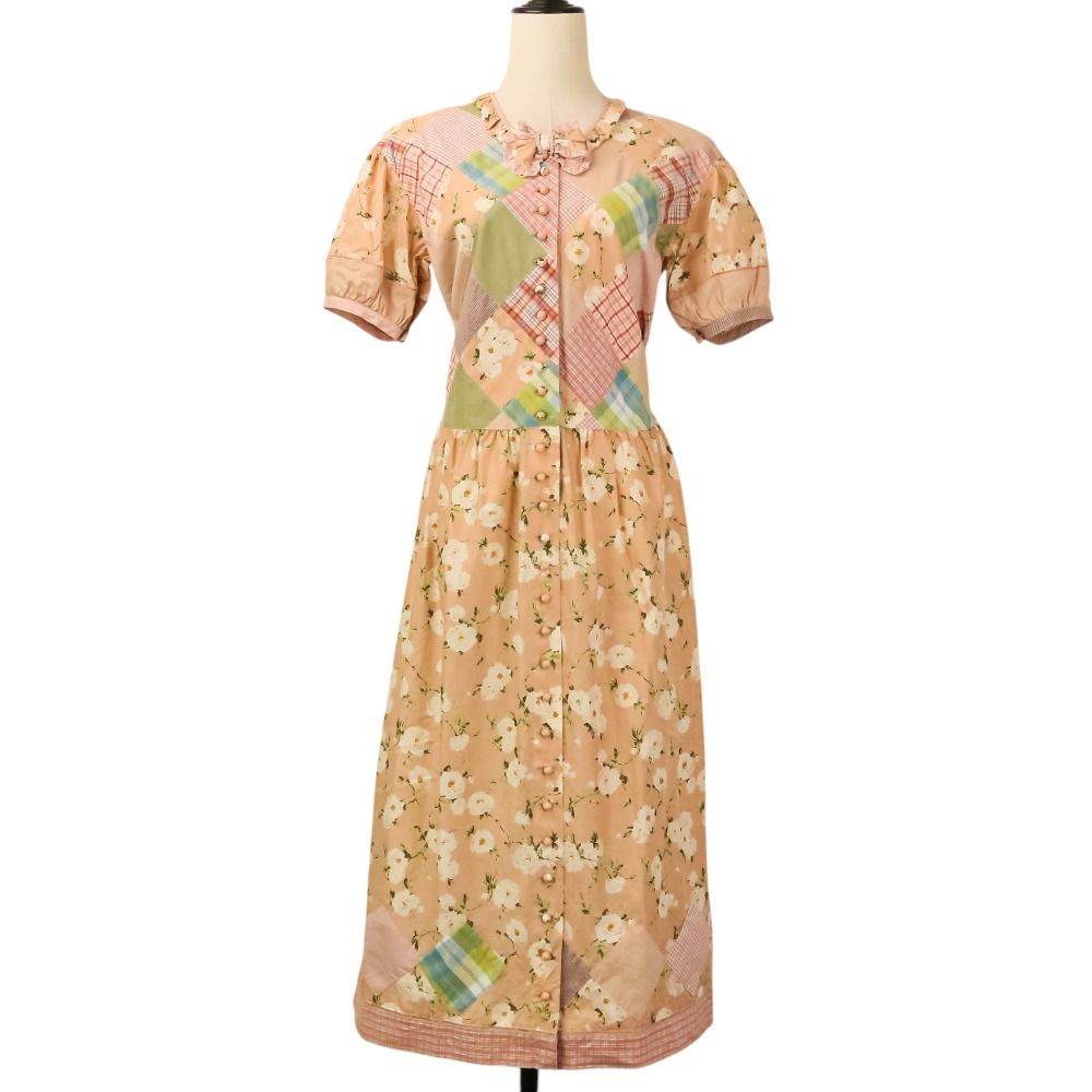 PINK HOUSE 花柄ワンピース パッチワーク ピコフリル リボン 美品 PINK HOUSE ピンクハウス フラワープリント パッチワーク