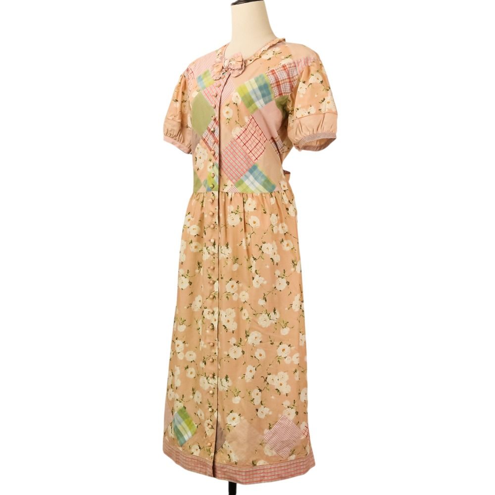 PINK HOUSE 花柄ワンピース パッチワーク ピコフリル リボン 美品 PINK HOUSE ピンクハウス フラワープリント パッチワーク