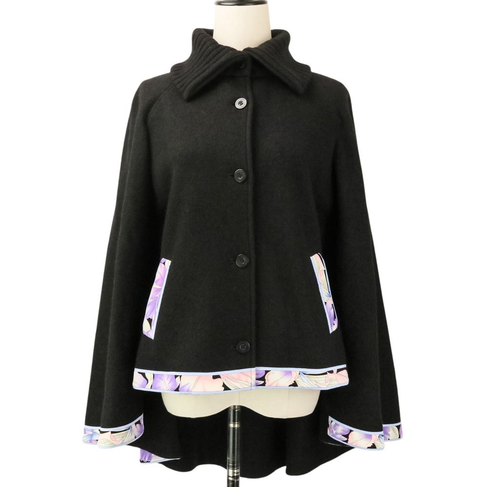 美品 LEONARD FASHION レオナールファッション フラワープリントトリム ウールポンチョ ケープ サイズ38 ブラック レディース 古着 中古 USED