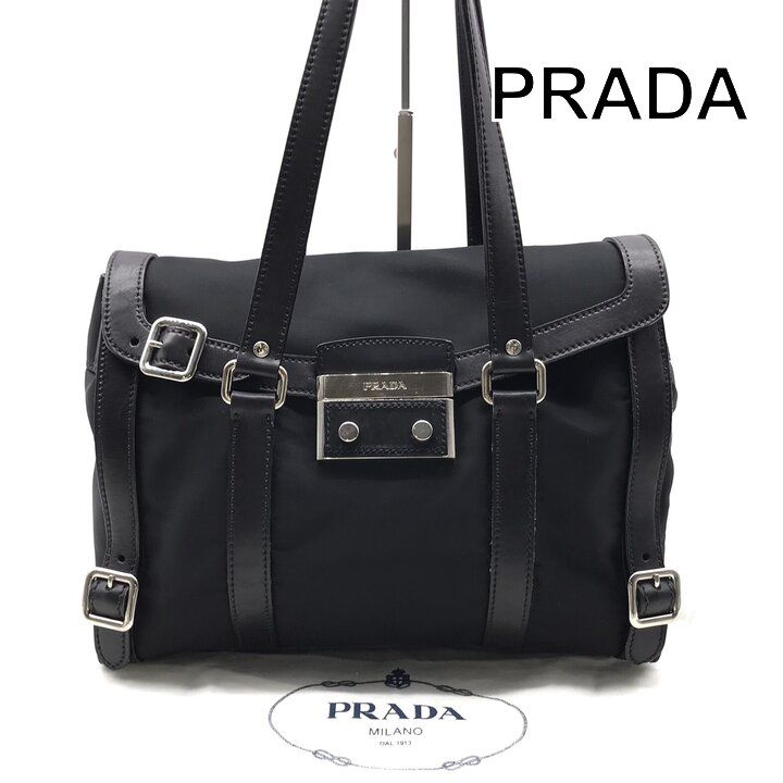 美品 PRADA プラダ 三角ロゴ プレート ナイロン テスート シルバー金具 ハンド ショルダー バッグ ブラック レディース ブランド 鞄 a13775