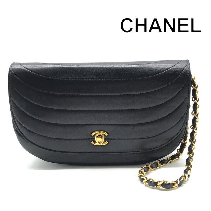 美品 CHANEL シャネル ココマーク ハーフムーン ラムスキン レザー ターンロック チェーン ショルダー バッグ ブラック レディース r1294