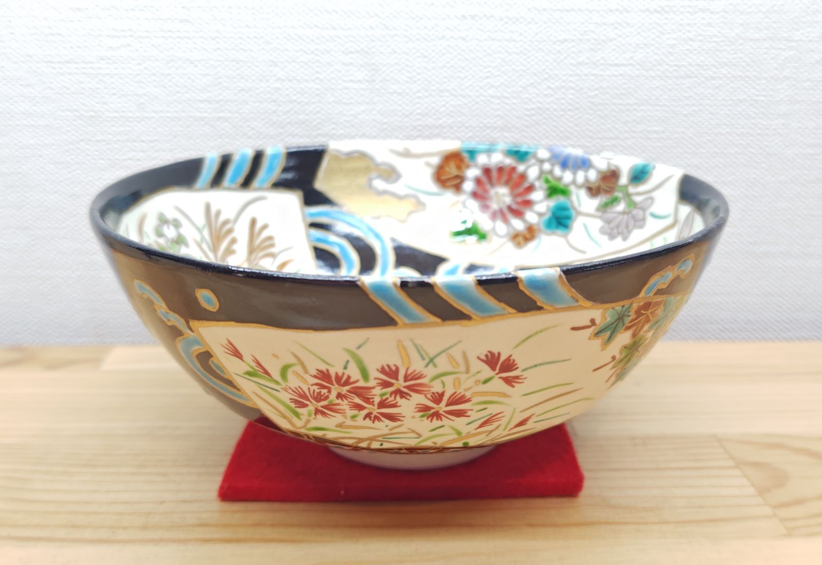 逢絢亭・新品】茶道具 茶碗 平茶碗 京焼 仁清黒 扇面流水の絵 西村利峰