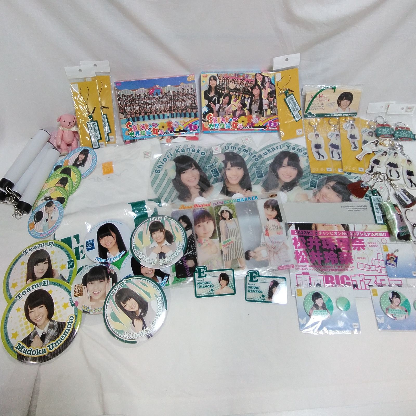 SKE48 グッズ大量まとめ売り SKE48の世界征服女子 アクキー DVD 缶バッジ Tシャツ ミニうちわ コースターなど 金子栞 梅本まどか チームE アイドル 当時物 現状 中古 Z767