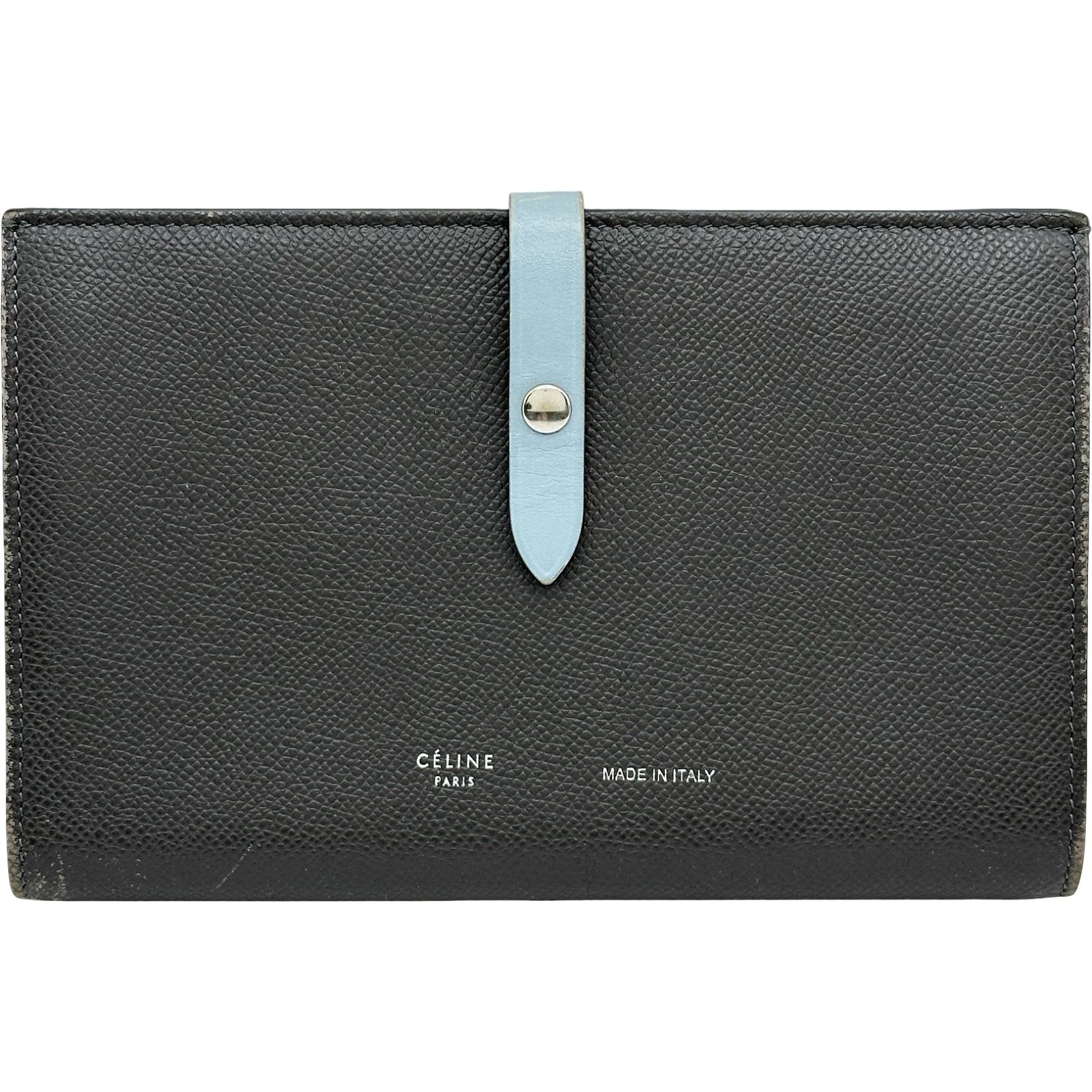 セリーヌ CELINE ストラップラージ長財布 グレー/ライトブルー シルバー金具 レザー レディース 二つ折り財布
