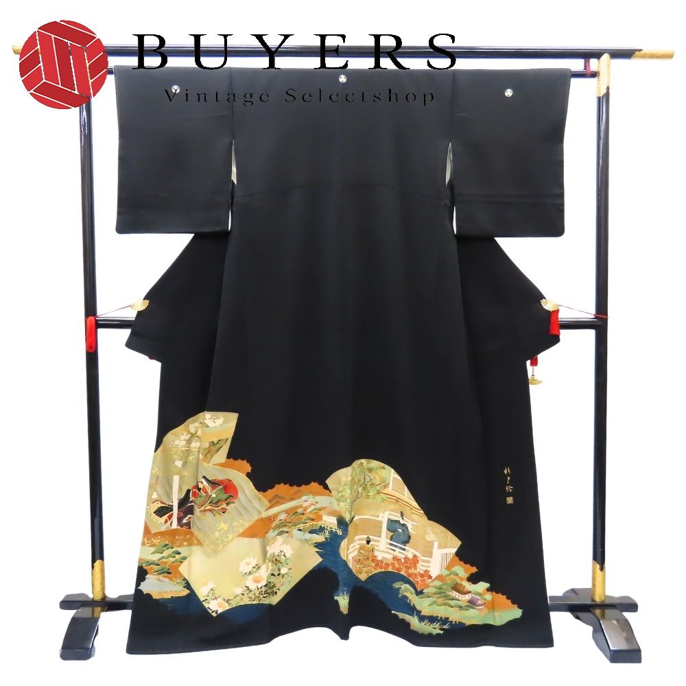 【中古】 留袖 杉戸絵 正絹 着丈約162cm 裄丈約64cm ブラック ゴールド 五つ紋 比翼付き 平安風景 和装 呉服 和服 きもの レディース 女性