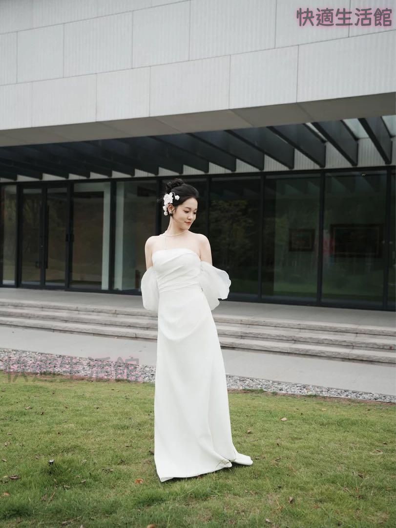 人気 ドレス ロングウェディング結婚式シンプル＆エレガントなチュールデザイン lf710
