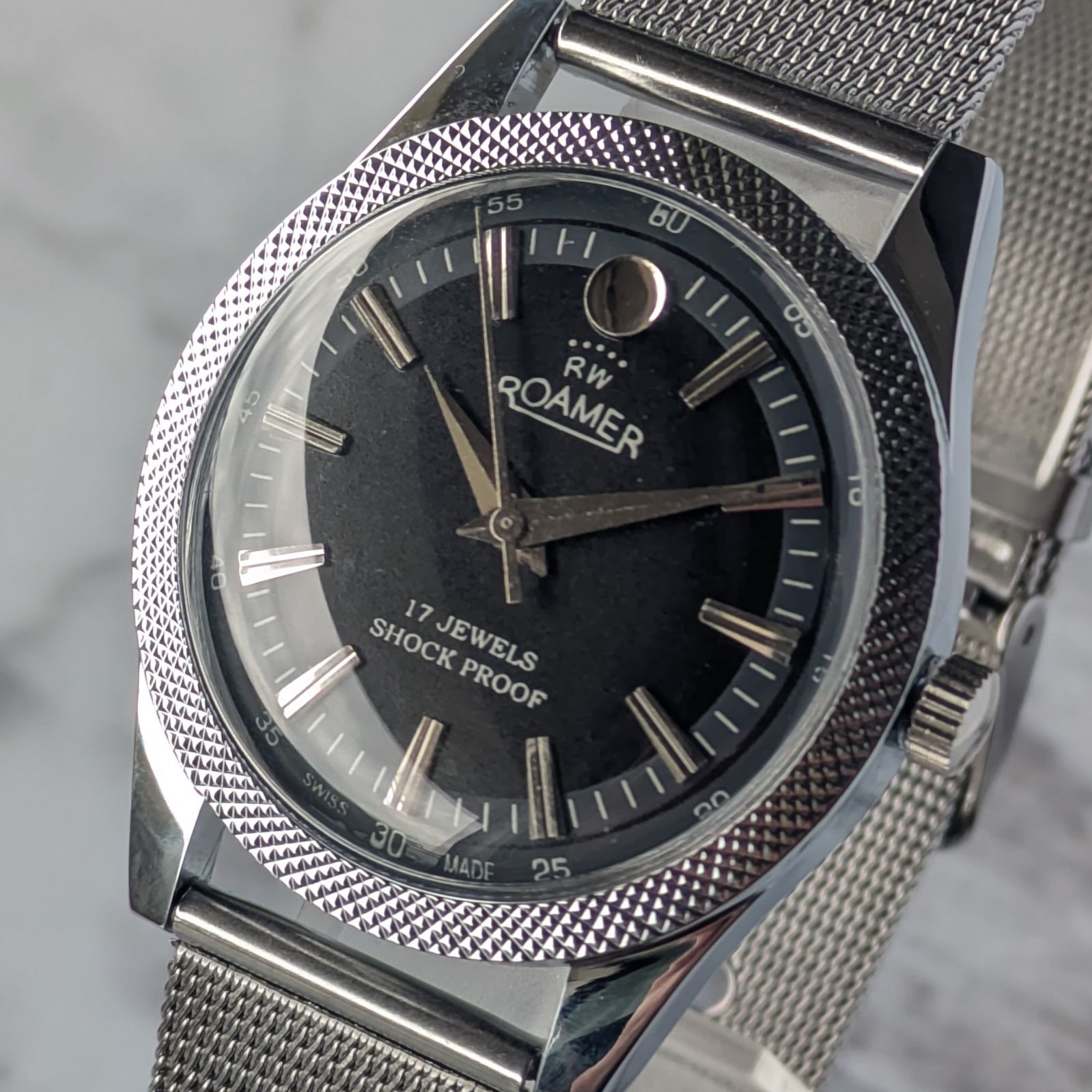 稼働品 ROAMER ローマー 手巻き ヴィンテージ ブラック文字盤 バーインデックス シルバー ステンレススチールベルト 3針