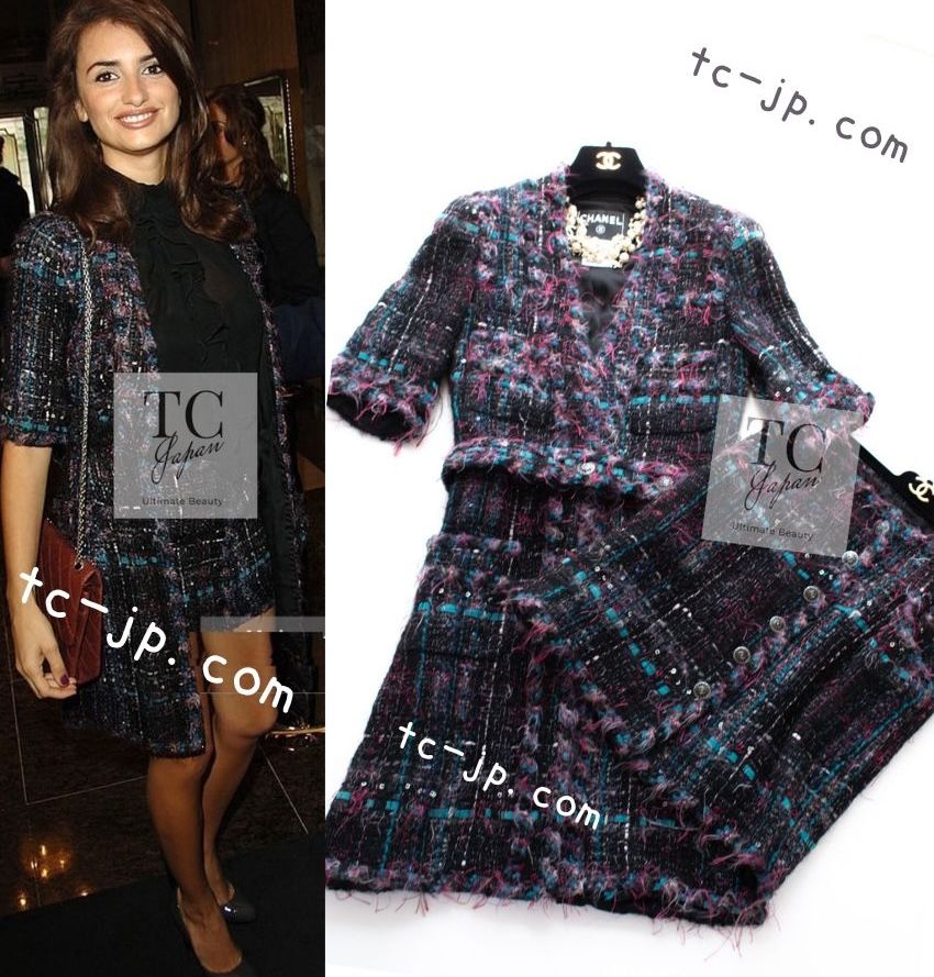 シャネル コート セットアップ CHANEL パープル ブラック マルチカラー ジャケット スカート 130万 カール・ラガーフェルド 超美品 34 36