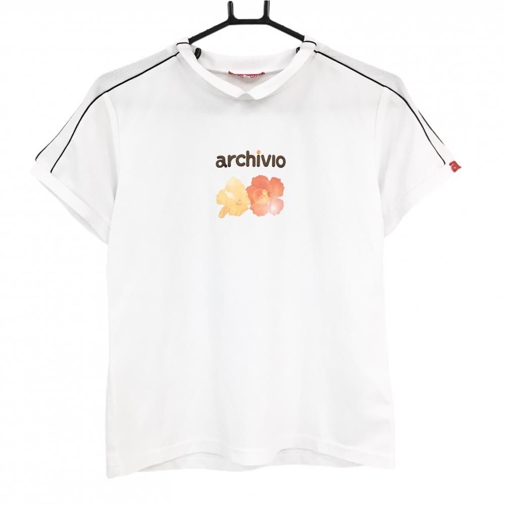 アルチビオ レディース 半袖 ハイネック Tシャツ サイズ40 アルチビオ 半袖ハイネックシャツ 白 一部メッシュ ハイビスカス