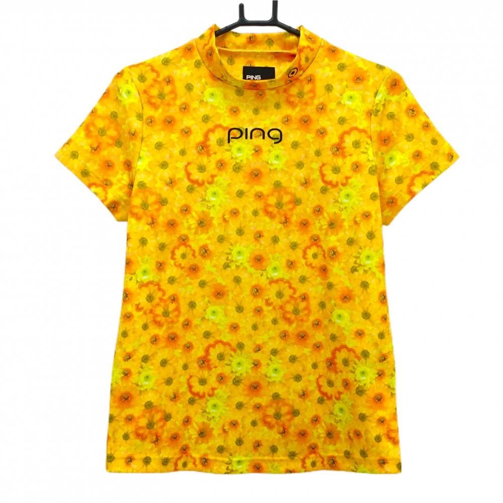 超美品】ピン 半袖ハイネックシャツ オレンジ×イエロー 花総柄 ロゴ