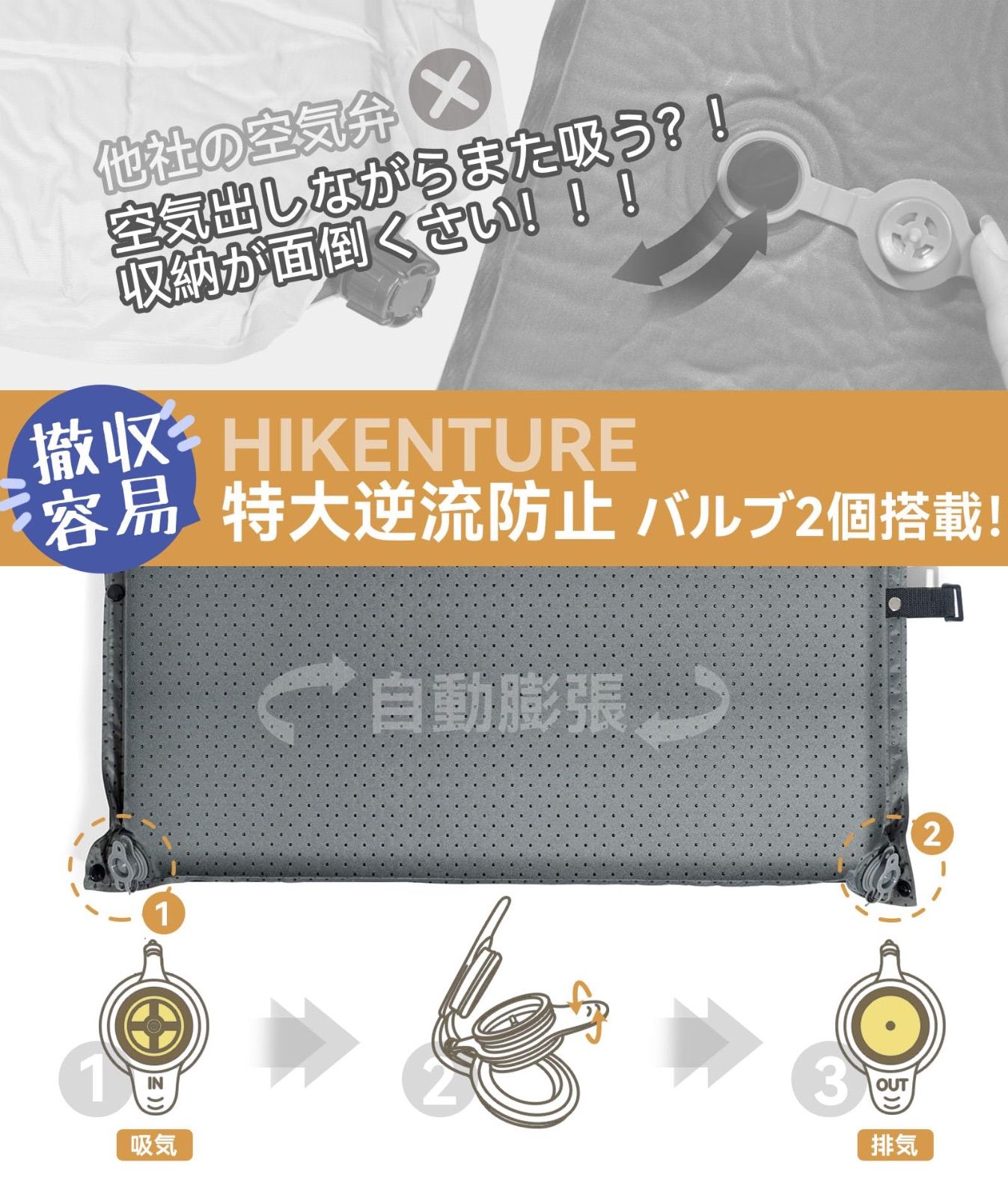 Hikentureインフレーターマット【特許取得特大バルブ2個搭載・自動 