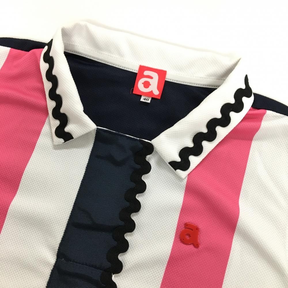 アルチビオ ノースリーブポロシャツ 白×ピンク×ネイビー 前面太