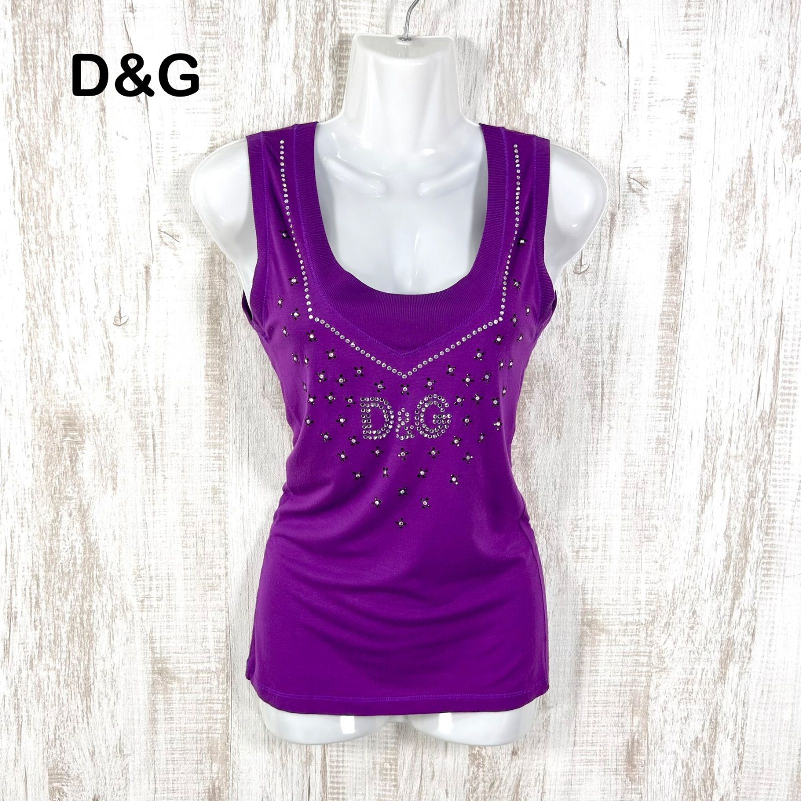 00s D&G DOLCE&GABBANA ドルチェアンドガッバーナ ラインストーンロゴ Uネック タンクトップ パープル y2k 平成ギャル