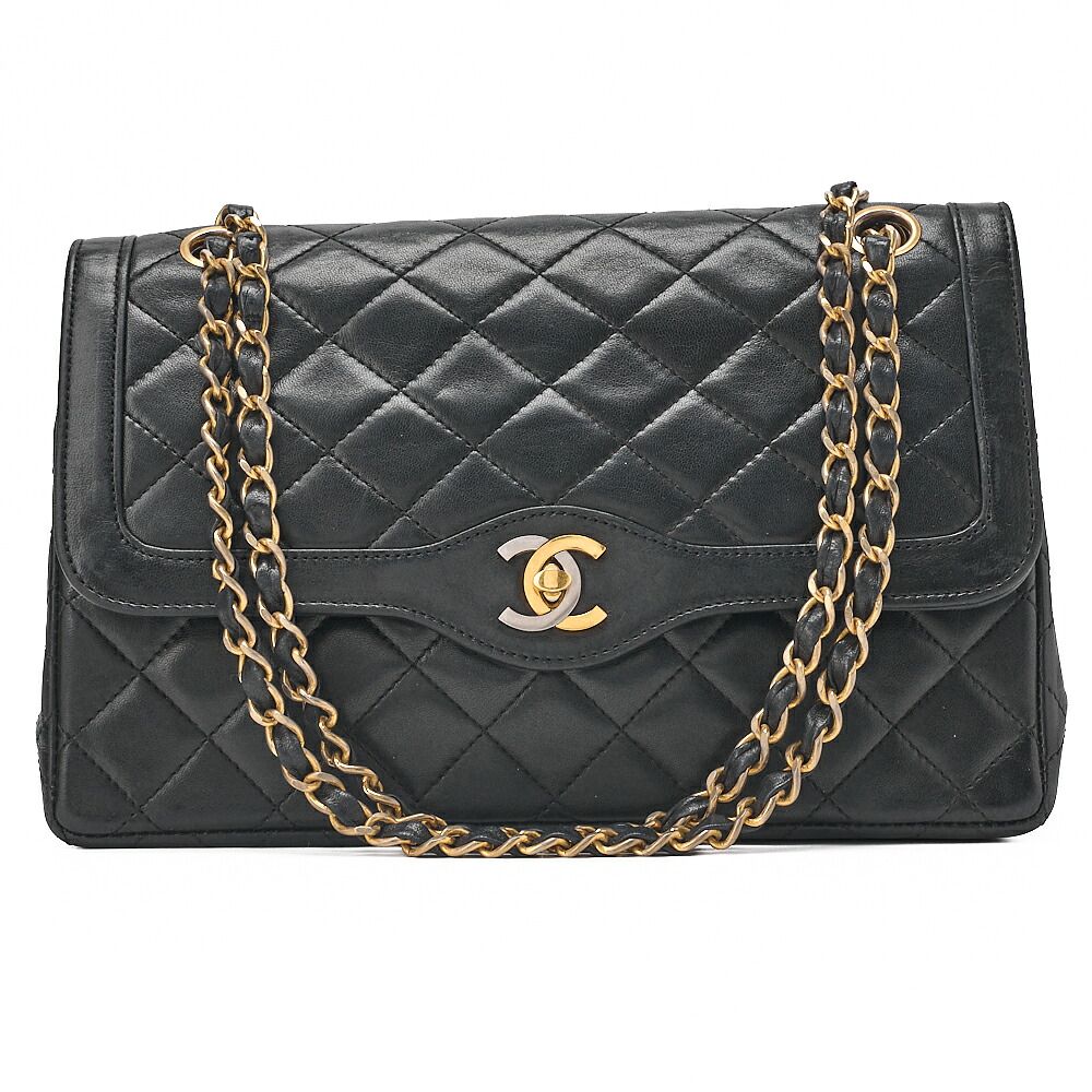 CHANEL シャネル ラムスキン マトラッセ 26cm パリ限定 ダブルフラップ ショルダーバッグ 黒 ゴールド金具 ブランド【中古】【送料無料】