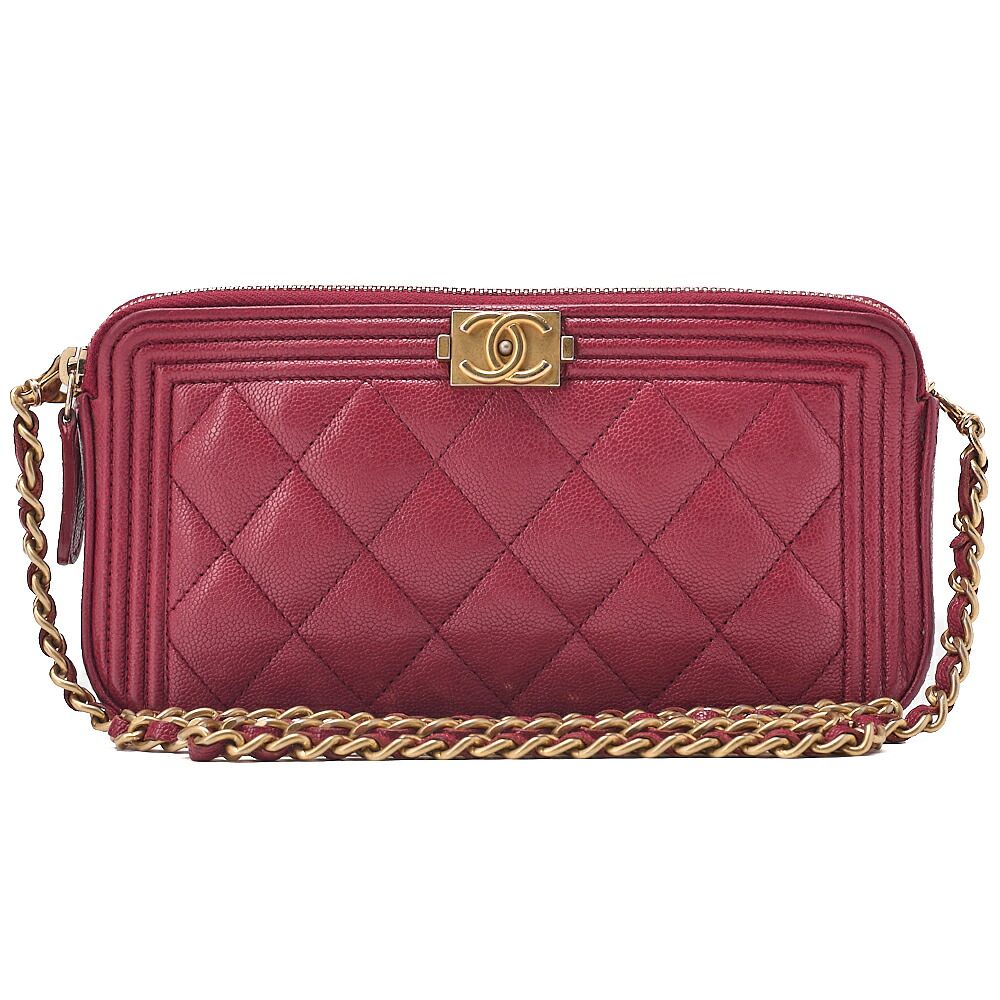 CHANEL シャネル　ボーイシャネル 　チェーンウォレット　キャビアスキン　赤（ゴールド金具）レディースウォレット 折財布 レディース財布 【中古】【送料無料】