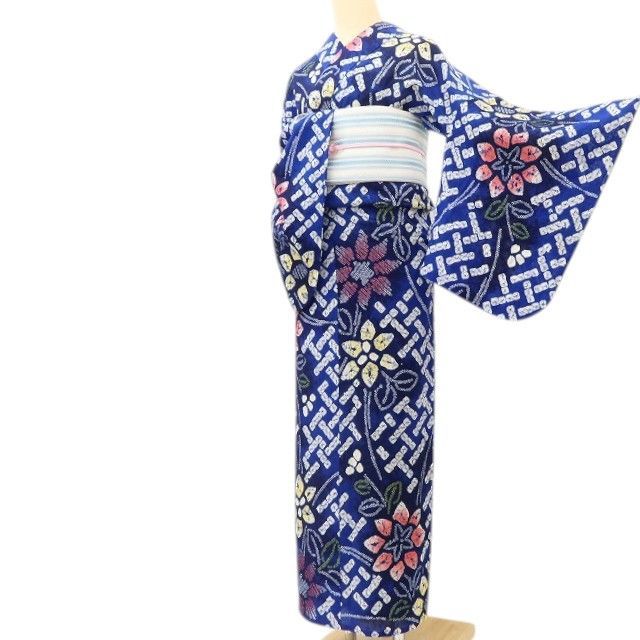 百華❀Y5260◇洗える夏着物 有松鳴海絞り 綿 クレマチス 笹べり付き