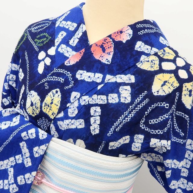 百華❀Y5260◇洗える夏着物 有松鳴海絞り 綿 クレマチス 笹べり付き