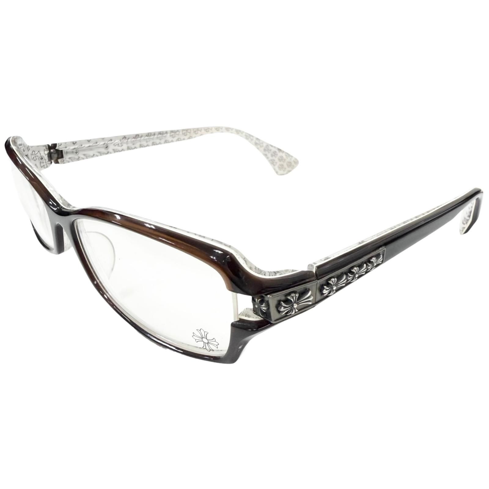 美品□CHROME HEARTS クロムハーツ DUTCH RUDDER 一部SV925 裏側クロス柄 メガネ 眼鏡 アイウェア 56□16-133 デモレンズ 日本製 重量30g