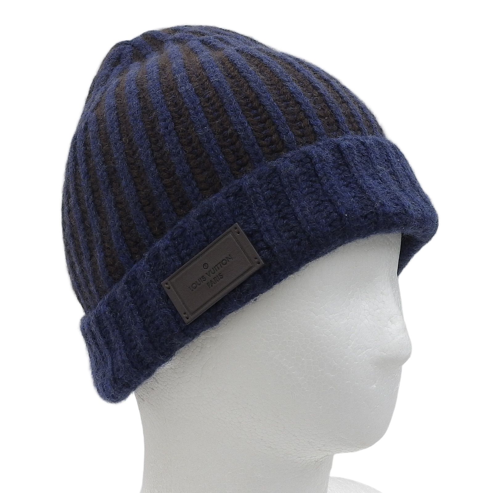 美品▲LOUIS VUITTON ルイヴィトン MP1368 カシミヤ100％ レザーロゴパッチ付 ニット帽 ニットキャップ ネイビー ブラウン 英国製 メンズ
