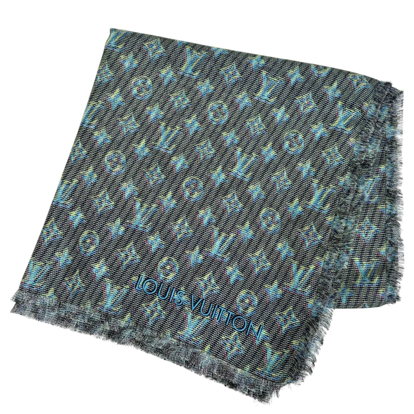 極美品△LOUIS VUITTON ルイヴィトン MP2539 シルク ウール LVポップ モノグラム ミニフリンジ 大判 ショール ストール ブルー系 正規品