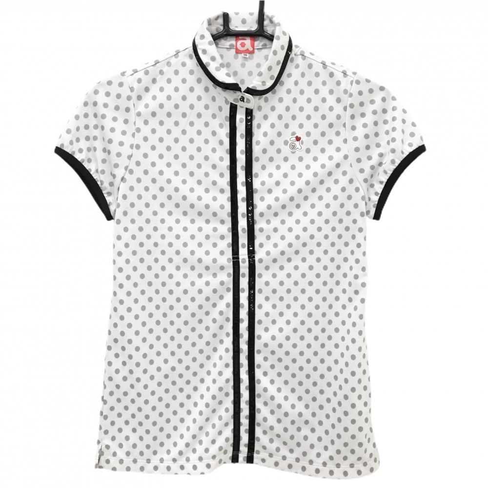 【２５FW新品未使用 アルチビオ】ポケットデザイン半袖ポロニット38号 美品】アルチビオ 半袖ポロシャツ 白×グレー ドット 丸襟 レディース