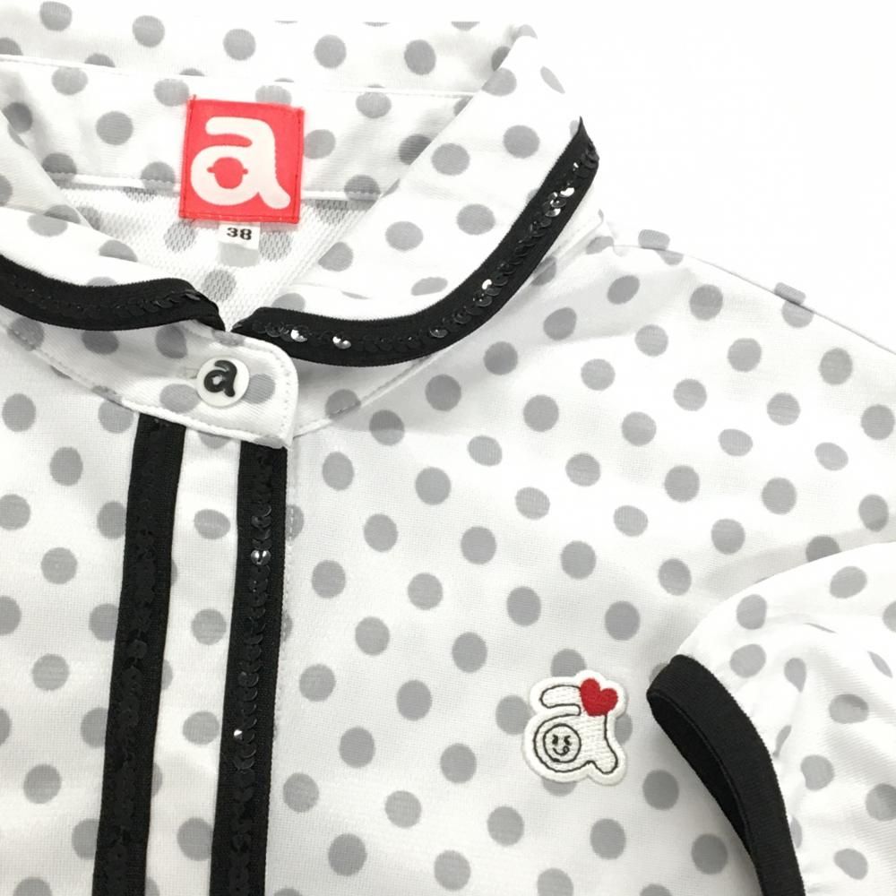 美品】アルチビオ 半袖ポロシャツ 白×グレー ドット 丸襟 レディース