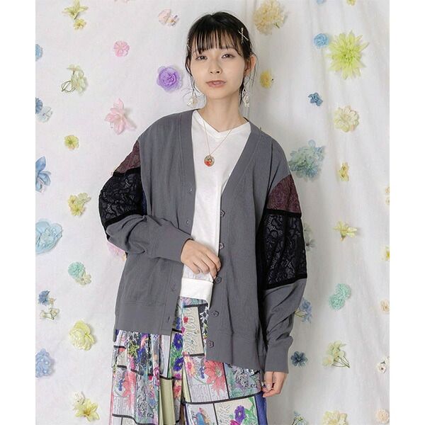 【新品】 スカラー ScoLar 162633 ローズジャガードレース切替カーディガン配色花レース カーディガン 羽織り ゆったり 原宿系 個性 レトロ ガーリー 春 夏 秋 おしゃれ レディース カラー1 [SCO-96]