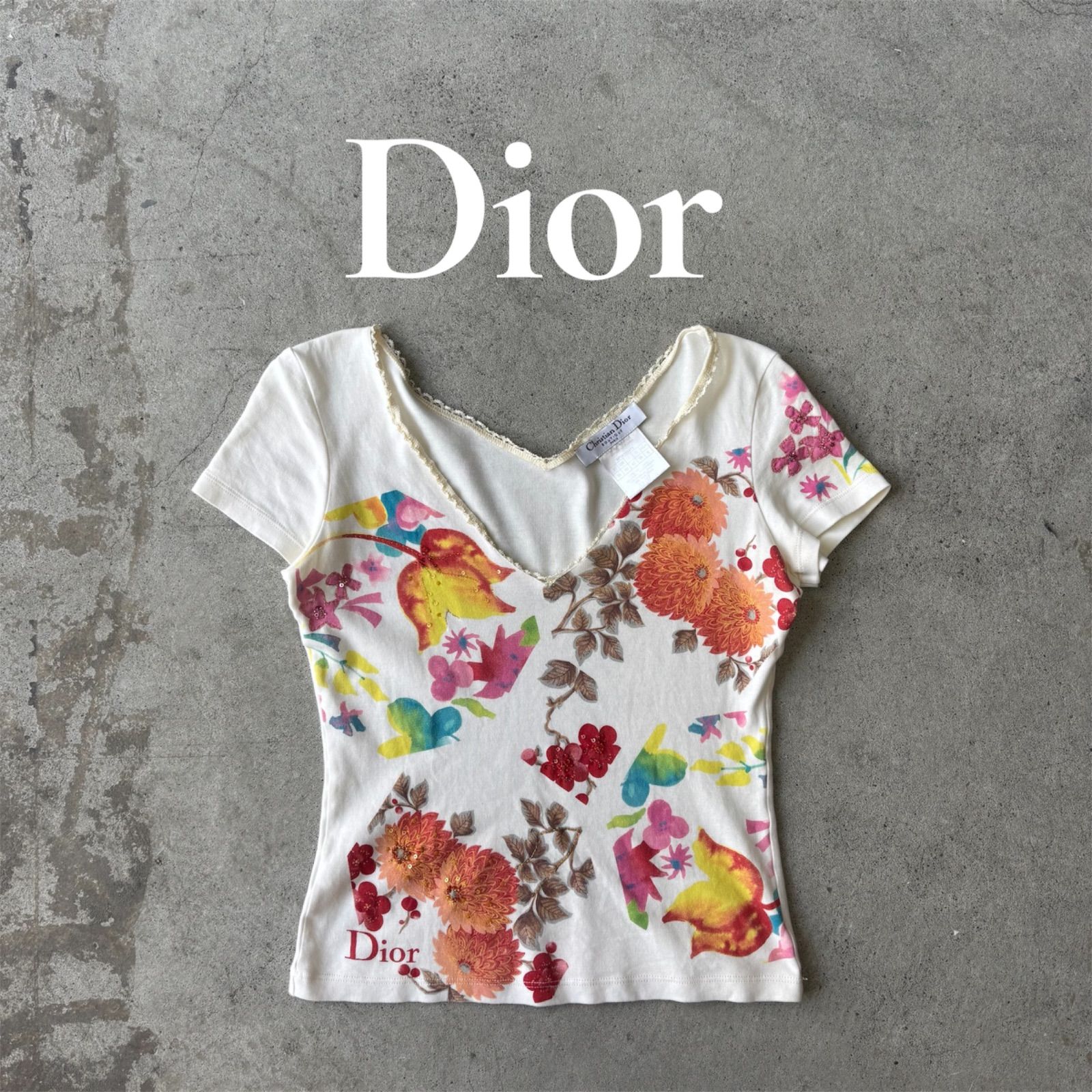 Christian Dior クリスチャンディオール ガリアーノ期 Vネックシャツ 半袖 トップス Tシャツ 花柄 made in france