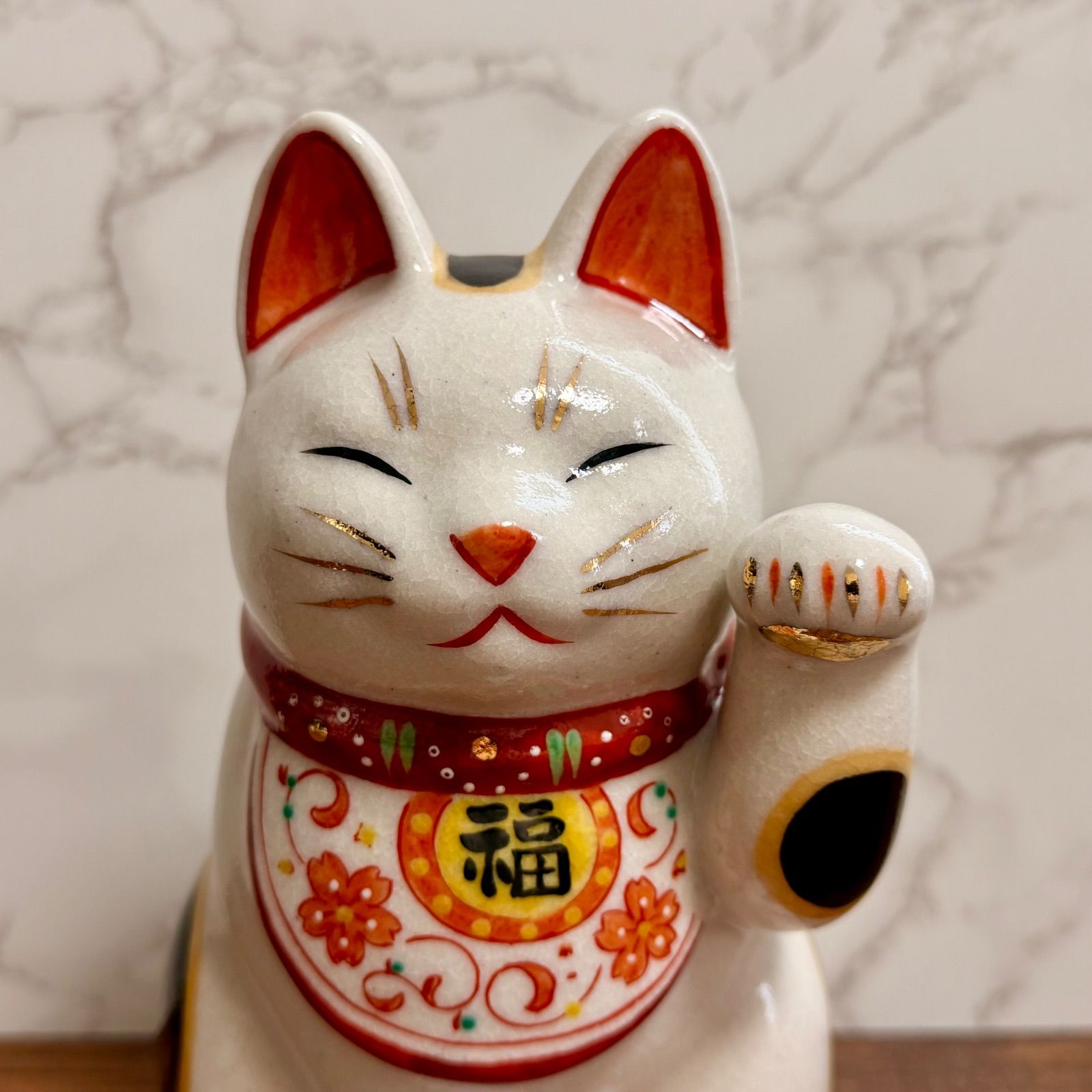 薬師窯 陶彩 万福唐草 招き猫 左手上げ 大 20cm 置物 縁起物 千客万来