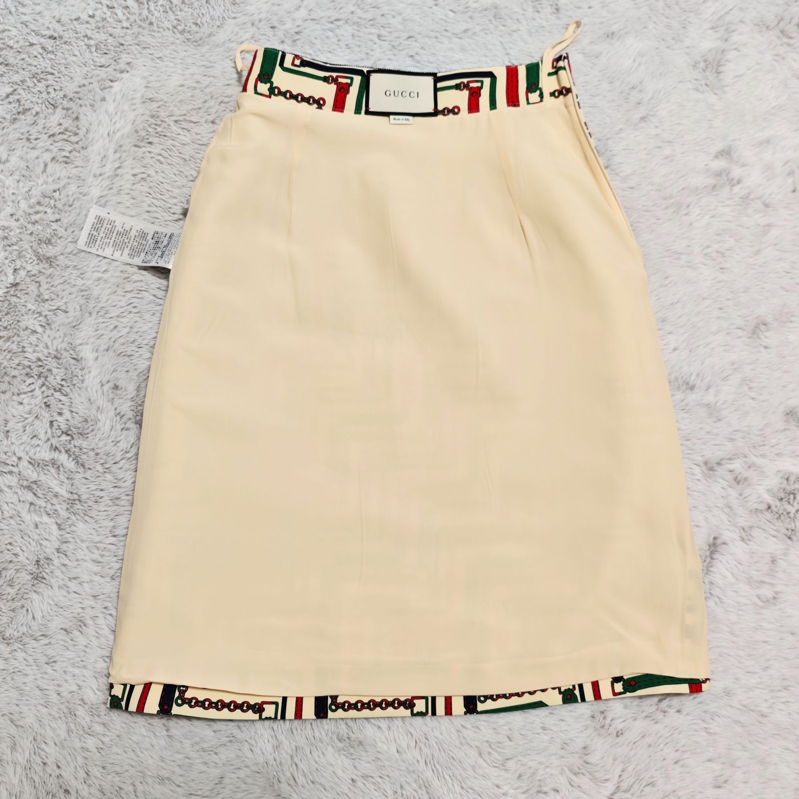 GUCCI グッチ チェーンベルト柄 タイトスカート アイボリー×グリーン