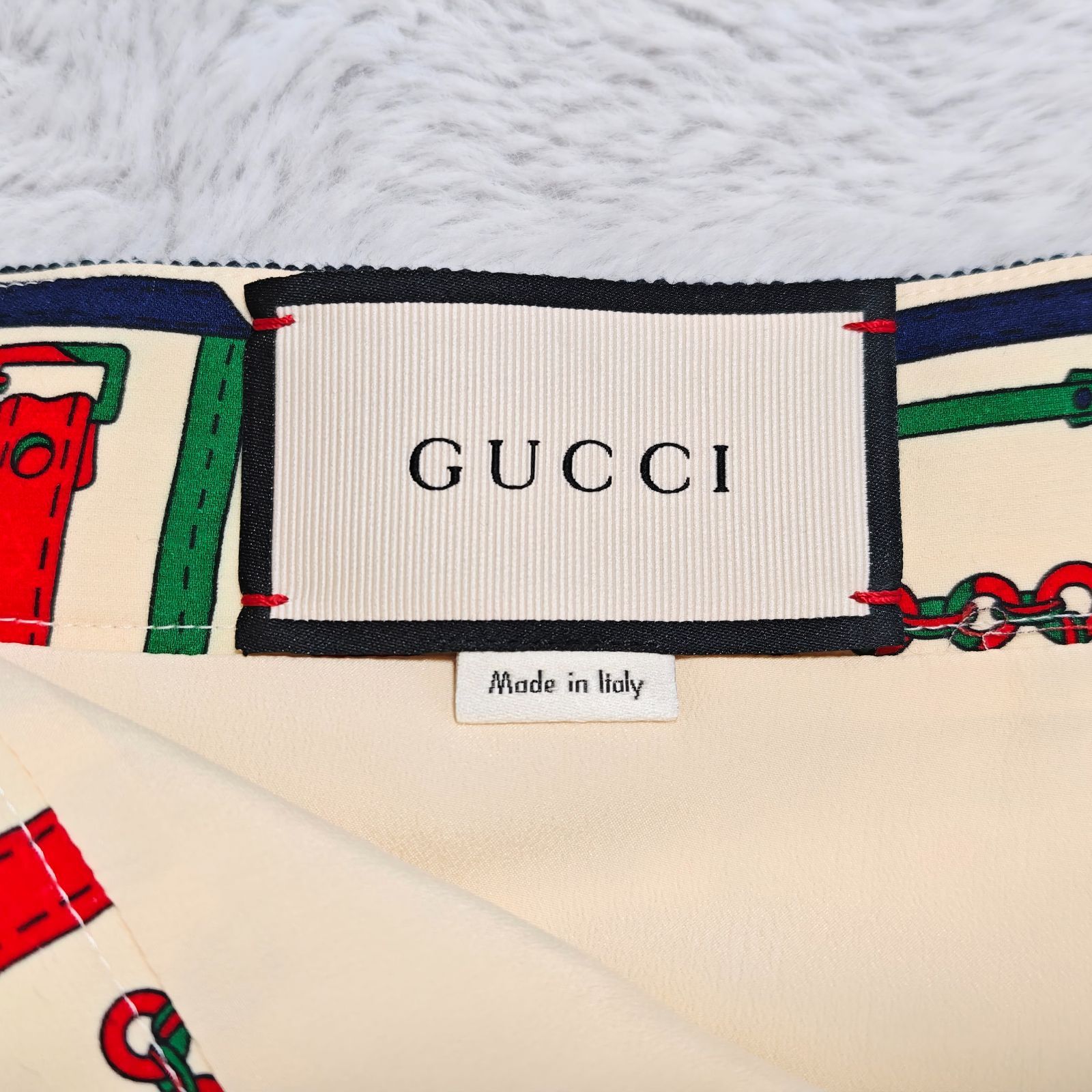 GUCCI グッチ チェーンベルト柄 タイトスカート アイボリー×グリーン