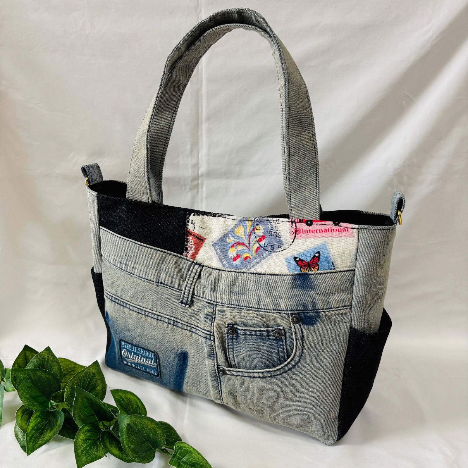 リメイクデニム☆サイドフリンジトートバッグ 藍色×白 専用❗772