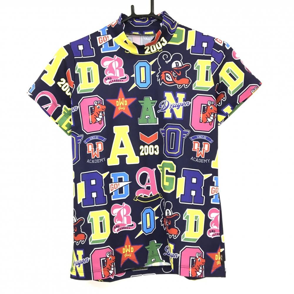 DANCE WITH DRAGON ダンスウィズドラゴン 半袖ハイネックTシャツ 超美品】ダンスウィズドラゴン 半袖ハイネックシャツ ネイビー×マルチ
