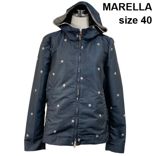 ◆ マレーラ MARELLA 花柄刺繍 フーディブルゾン 長袖 総柄 光沢 ポケットシャーリング ダブルジッパー 紺 40 M 9号 レディース S6H538