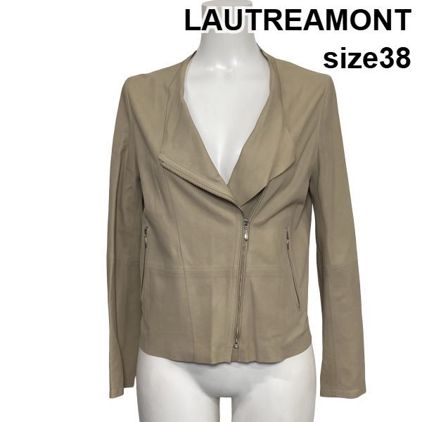 ◆ ロートレアモン LAUTREAMONT レザージャケット 長袖 ジップアップ ノーカラー Raw+コラボ ベージュ やぎ革 38 M 9号 レディース S6H565