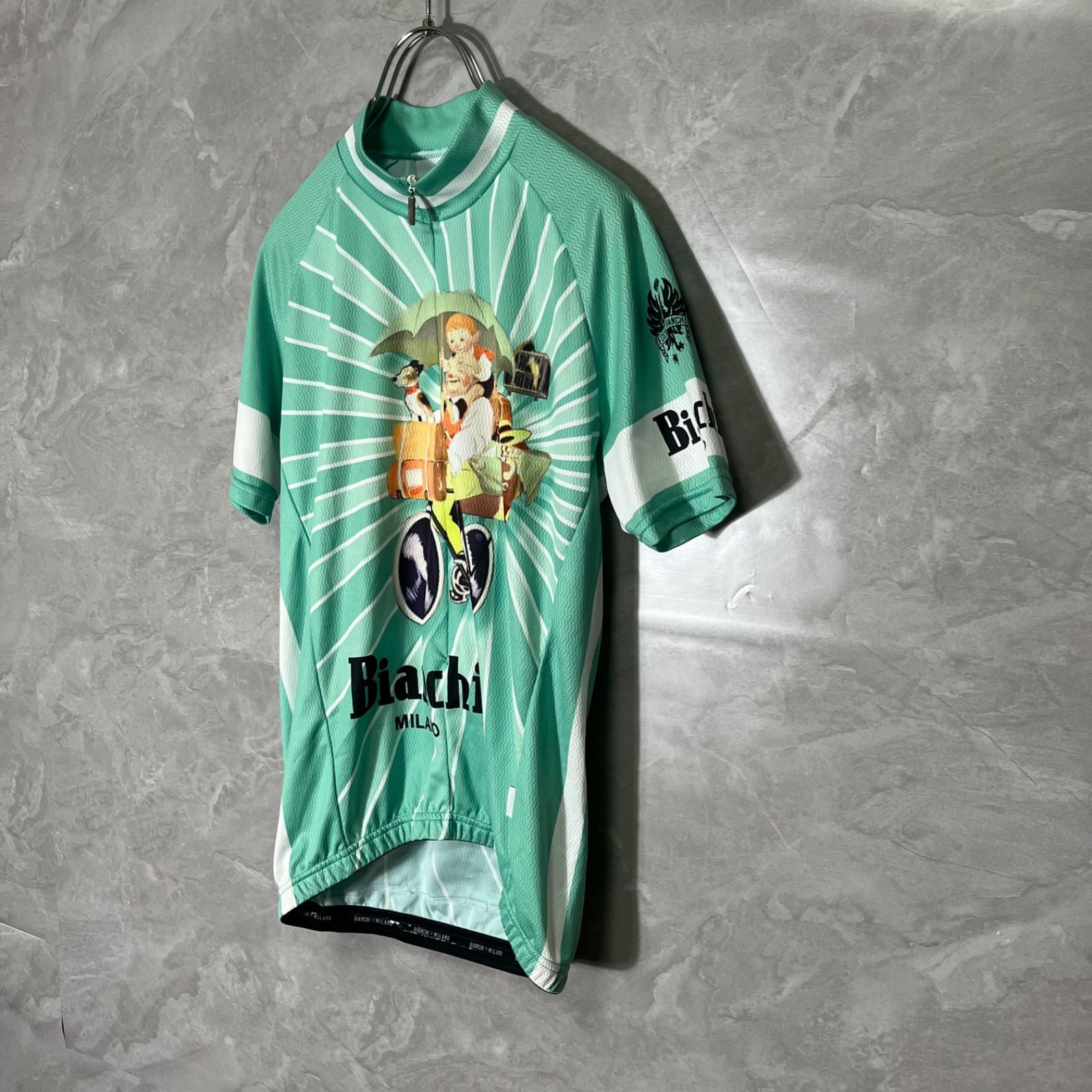 Bianchi サイクルジャージ 半袖 ビアンキ イタリア製 ホワイト&グリーン ロードバイク Sサイズ タグ付き¥11,550 ビアンキ 半袖 サイクルジャージ ( 大きくイーグルマークをプリントした半袖 中古・レア・1000円スタートBIANCHI