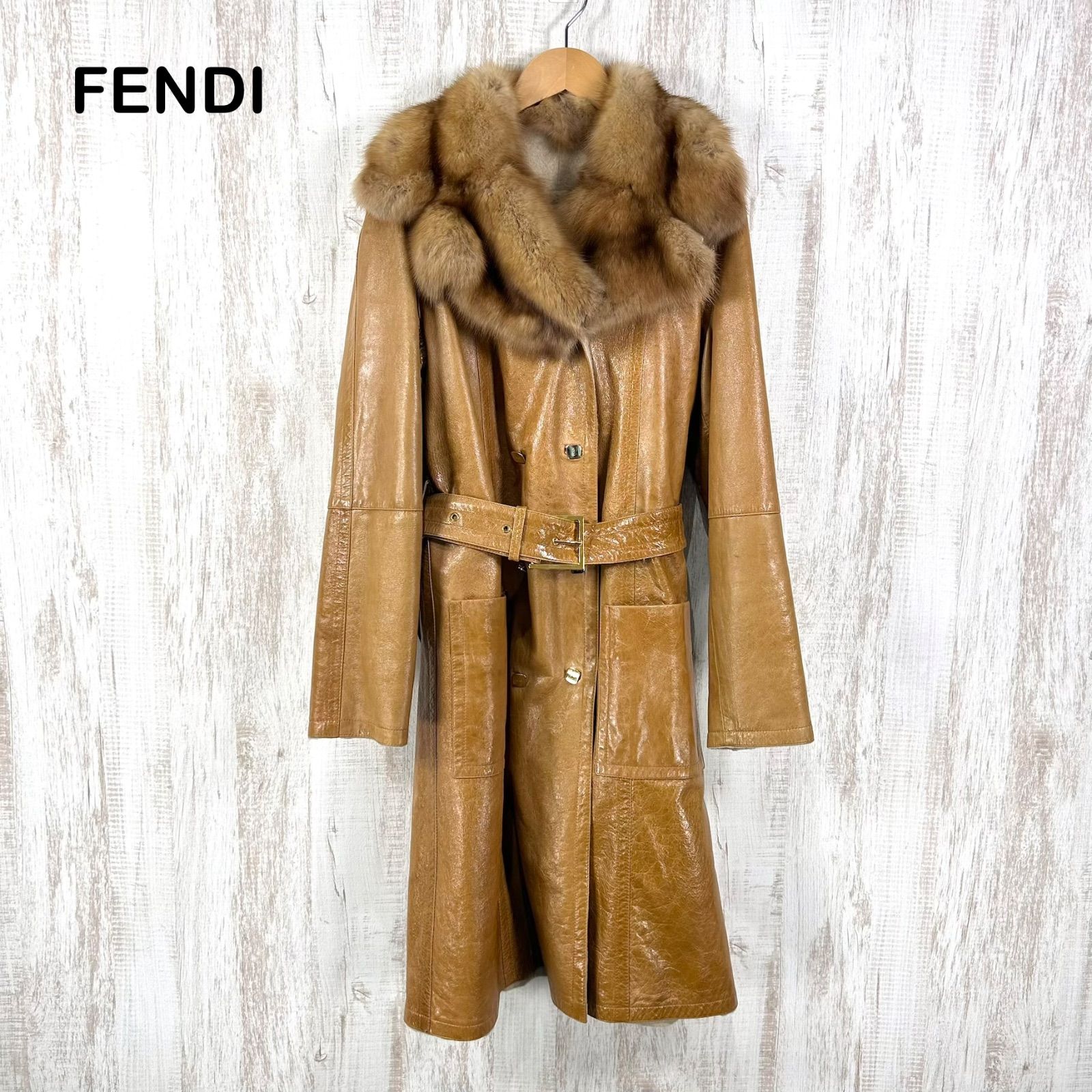 FENDI フェンディ リアルファー レザー カシミヤ リバーシブル トレンチコート ベージュ