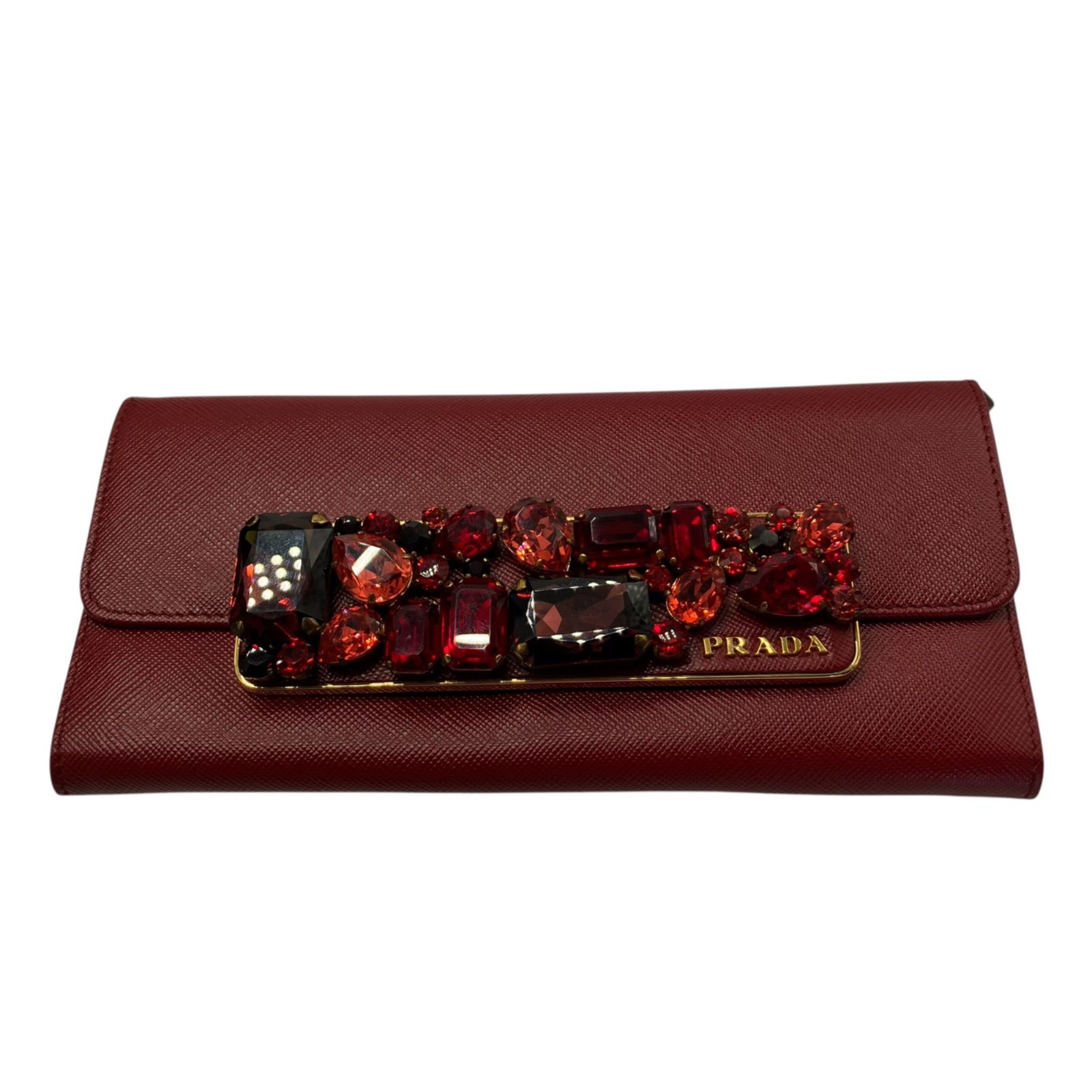 tm/7.7/4】PRADA プラダ 赤 サフィアーノレザー ビジュー付き長財布 