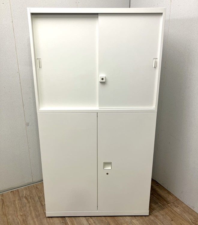【中古品】オカムラ レクトラインシリーズ 両開き・引違い上下書庫 ホワイト